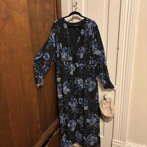 INC International Concepts Black Dress with Blue Floral Pattern